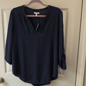 Maurices Navy V-Notch Roll Sleeve Blouse